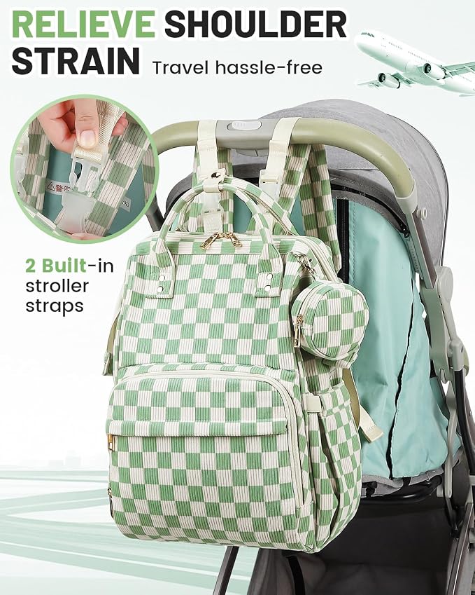 Corduroy Diaper Bag Backpack, Large Capacity Multifunction Baby Diaper Bags for Women, Insulated Bottle Pockets & Pacifier Case, Stylish Travel Nappy Changing Bags for Mom Dad (Checkered Green) - Image 7