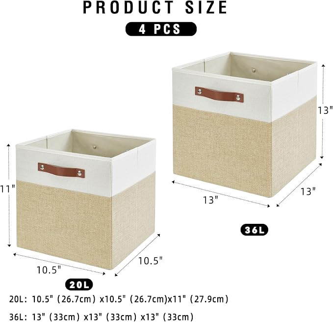 Collapsible Fabric Storage Cube Bins with 2 Reinforced PU Handles, Foldable Storage Organizer Baskets for Closet, Shelves, Living Room | 13"x13"x13", 4 Pack, Beige & White - Image 2