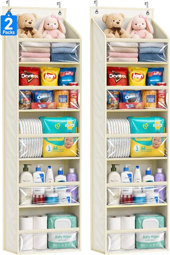 AOODA 2 Pack Over the Door Organizer, Large Capacity Closet Door Hanging Organizer, Clear Deep Pockets Baby Storage for Nursery, Bathroom, Bedroom, Pantry, Diapers (Light Yellow) by AOODA
