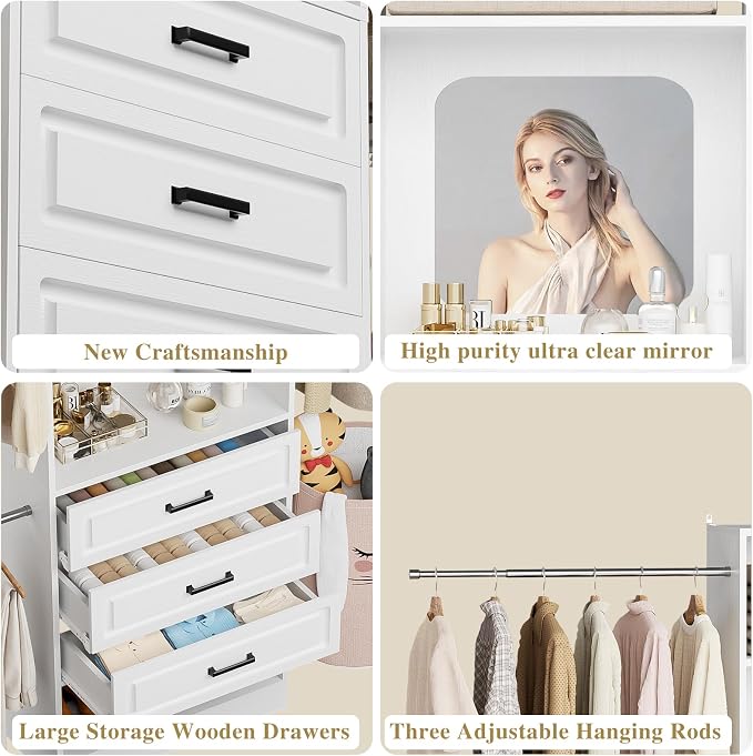 Unikito 6-14FT Wood Closet System with 6 Drawers and Mirror, White | Sturdy walk-in organizer wardrobe for clothing, clothes rack with 3 hanging rods, freestanding garment storage tower. - Image 4