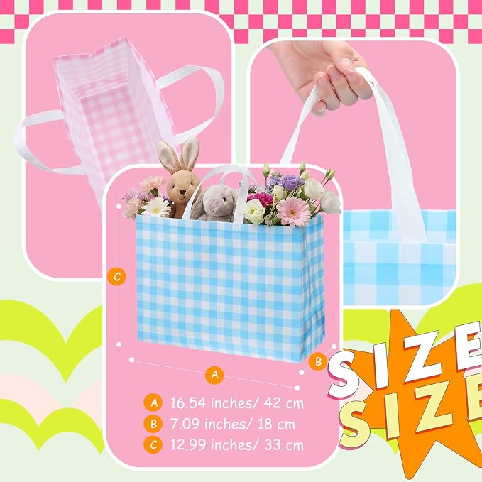 Colarr 24 Pcs Extra Large Easter Tote Bags Bulk with Handle Spring Gift Bag Non Woven Buffalo Plaid Waterproof Reusable Bag for Spring Holiday Wedding Party Supplies,16.5'' x 13 "x 7'' - Image 3