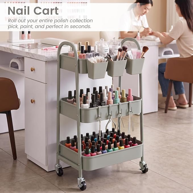 danpinera 3-Tier Rolling Cart, Metal Rolling Storage Cart with Lockable Wheels & Hanging Cups & Hooks, Mobile Trolley Cart for Kitchen, Bathroom, Office, Workshop, Gray - Image 6