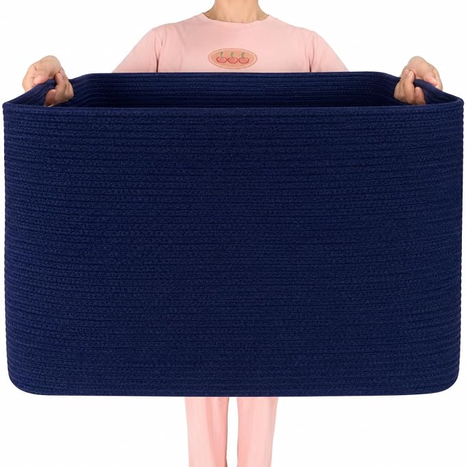 112L Extra Large Blanket Basket Holder Living Room, 25"x17"x16" Rectangle Rope Woven Storage Basket with Handles for Laundry, Towels, Shoes, Dog Toy Organizer Bin Box, Full Navy by MINTWOODDesign