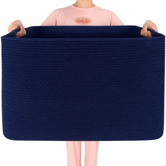 112L Extra Large Blanket Basket Holder Living Room, 25"x17"x16" Rectangle Rope Woven Storage Basket with Handles for Laundry, Towels, Shoes, Dog Toy Organizer Bin Box, Full Navy by MINTWOODDesign