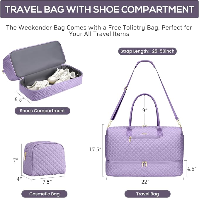 Travel Weekender Duffle Bags for Women - Large Carry On Bag with Shoe Compartment Overnight Bag with Toiletry Bag Duffel Bags with Wet Pocket for Gym Hospital Bags for Labor and Delivery Light Purple - Image 3