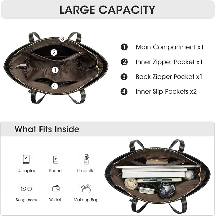 Kattee Vintage Genuine Leather Work Tote for Women | Spacious interior with a zip compartment for organized work, travel, and everyday essentials. - Image 6