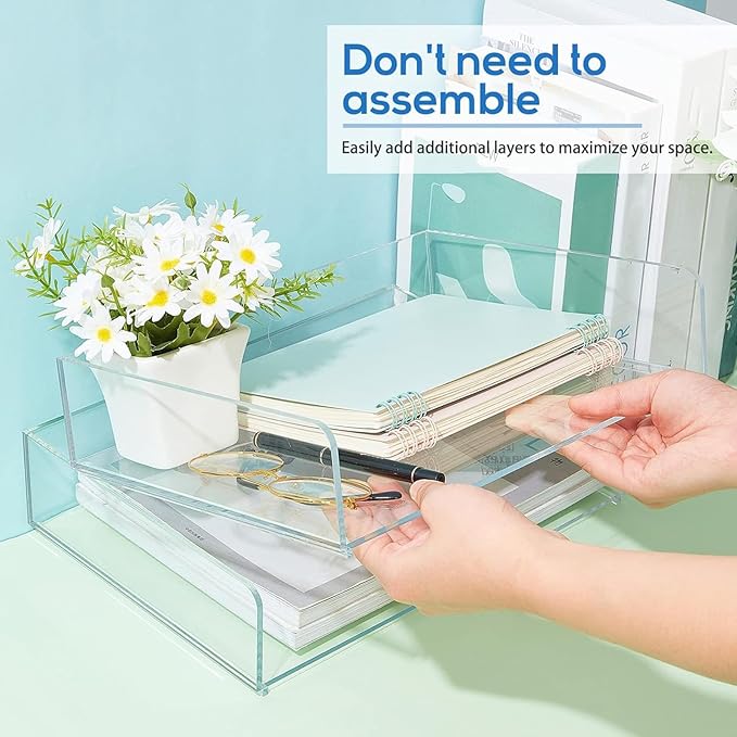 Harloon 4 Tier Paper Organizer Letter Tray Acrylic Desk File Organizer Heavy Duty Stackable Documents Clear Letter Paper Holder Sorter Office Tray for A4, Office Classroom Home File Pad Notebooks - Image 3