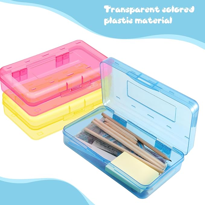 Outus 5 Pcs Plastic Pencil Box Large Crayon Maker Box with Snap Lid Plastic Pencil Case Office Supplies Organizer for Craft Painting Brush (Pink,Yellow,Green,Blue,Clear) - Image 4