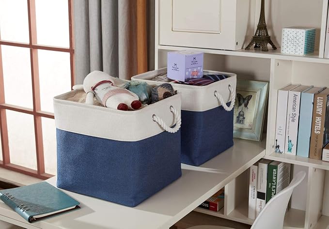 DECOMOMO Cube Storage Bin 13x13 with rope handles, Kallax Storage Cubes | 3 Pack, Fabric Storage Bins for Organizing Clothes, Toys, Books (Navy Blue & White) - Image 2