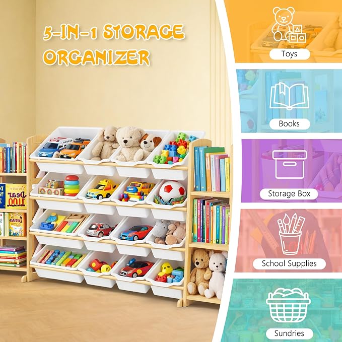 Kids Toy Storage Organizer with Bookshelf – Wooden Shelf with 16 Bins & 6 Shelves, Quick Assembly Storage Rack for Playroom, Bedroom, Nursery - White - Image 6