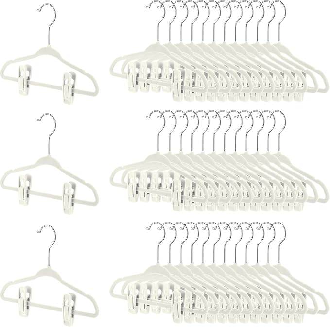 50 Pack Velvet Hangers for Baby & Kids, 11 Inch Non-Slip Infant Clothes Hangers with 100 Multi-use Adjustable Clips, Slim Space Saving Hanger for Nursery Closet, Toddler Skirts Pants Coat, Beige by Soaoo