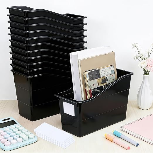 gisgfim 12 Pack Large Book Bins with Labels (Black) | Durable Plastic,Stackable Magazine Organizer,Storage Bins for Classroom,Library,Office,Bookshelf Categorization - Image 4