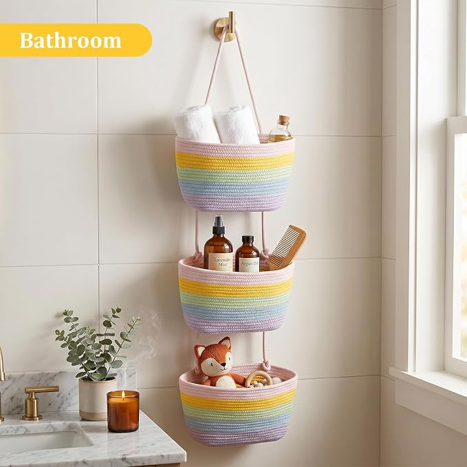 TeoKJ Over the Door Hanging Basket, 3-Tier Woven Cotton Wall-Mounted Storage Organizer Bag Decorative Hanging Nursery Baskets, Rainbow - Image 8