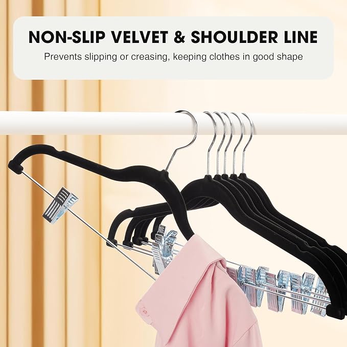 36-Pack Black Velvet Hangers with Clips Adjustable,Adult Hangers,Heavy-Duty,Felt,Non-Slip,Space Saving,Slim Outfit Hanger for Pants, Skirts, Suits,Coats, Dresses ect. - Image 4