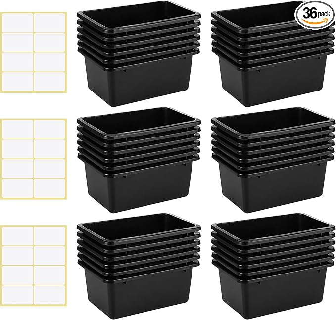 Outus 36 Pack Book Bins for Classroom Library Bulk Plastic Cubby Storage Bins Small Toy Organizer Containers with Self Adhesive Label for Kids Students Teachers School Office Home(Black) by Outus