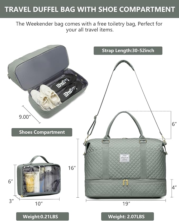 Weekender Bags for Women Duffle Bag - Travel Duffel Bag with Shoe Compartmen Carry on Overnight Bag with Toiletry Bag Gym Tote Bag with Wet Pocket Hospital Bags for Labor and Delivery Green - Image 3