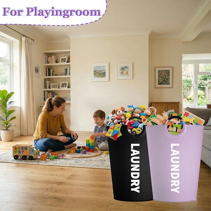2Pack 125L Laundry Hamper, Oxford Clothes Basket with Padded Handle | IHOMAGIC Tall Blanket Basket, Freestanding Clothes Hamper, Water-resistant Storage Basket for Hotel, Family, Black+Purple - Image 7