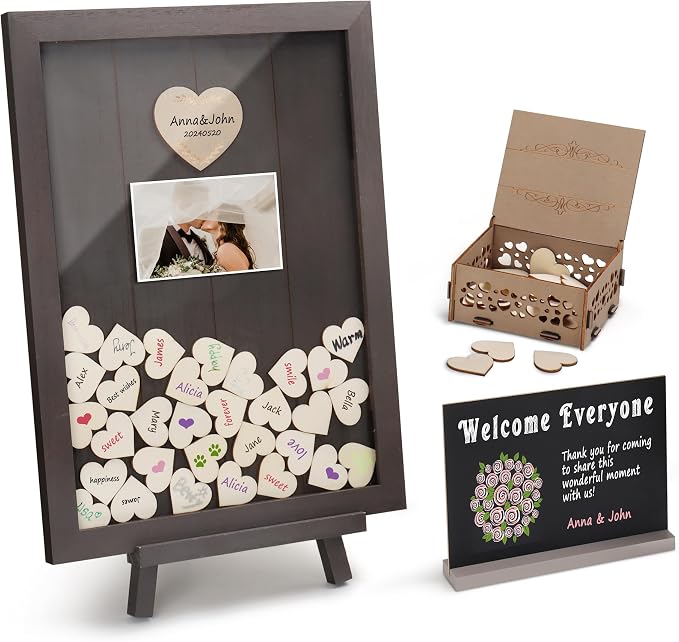 SELEAD Solid Wood Wedding Guest Book Alternative, Drop Top Words Sign Board | Rustic Wedding Reception Picture Frame with Chalkboard, 100pcs Wooden Hearts, Storage Box for Party Anniversary Birthday by SELEAD