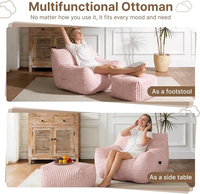 Oversized Bean Bag Chair with Ottoman, Bean Bag Couch with 2 Side Pockets, Corduroy Boneless Couch Chair in a Box, Comfy Lounge Chair for Living Room, Bedroom, Dorm, Pink - Image 4