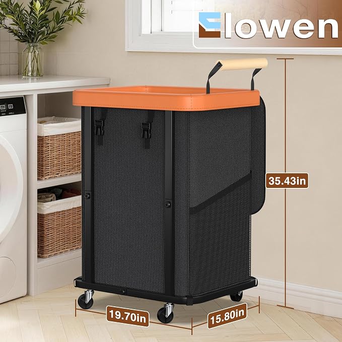 Laundry Hamper with Lid,Leather Patchwork Laundry Basket with Wheels 40Gal | Rolling Laundry Basket with Bag & Handles,Laundry Basket Organizer for Laundry Room,and Bathroom,Laundry Room - Black - Image 6