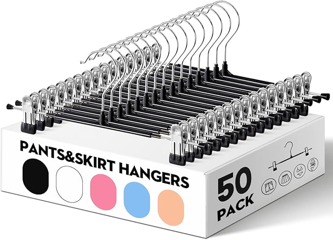HUADYMEET 12 Inch Heavy Duty Pants Skirt Hangers with Clips,Black,50 Pack | Metal,Space Saving,Adjustable,Hanger for Jeans Shorts Clothes Slacks Trousers,For Adult Men Women Children, Non Slip by HUADYMEET