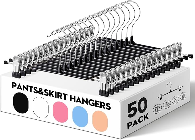 HUADYMEET 14 Inch Heavy Duty Pants Skirt Hangers with Clips,Black,50 Pack | Metal,Space Saving,Adjustable,Hanger for Jeans Shorts Clothes Slacks Trousers,For Adult Men Women Children, Non Slip by HUADYMEET