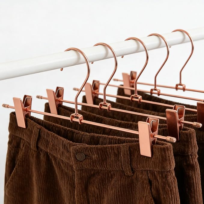 13.8" Rose Gold Pants Clothes Hangers, 10 Pack Trouser Hangers with Clips Metal Trouser Clip Hangers,Heavy Duty Metal Wire Adjustable Clips Bottom Trousers Legging Organizer - Image 2