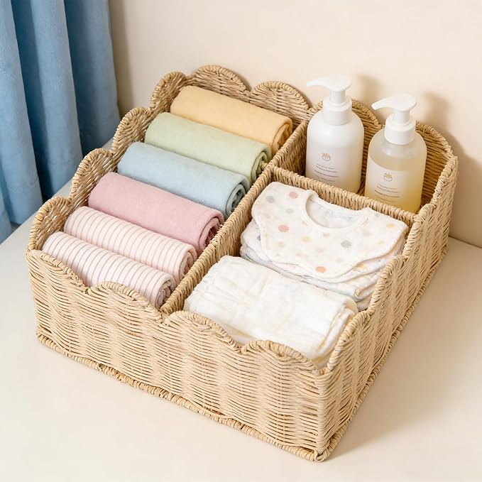 Rattan Divided Scalloped Basket,Wicker Diaper Caddy Scalloped Baske,Woven Natural Basket with 4 Dividers,Suitable for Baby Rooms, Bathrooms, Bedrooms (Rattan) by Unknown