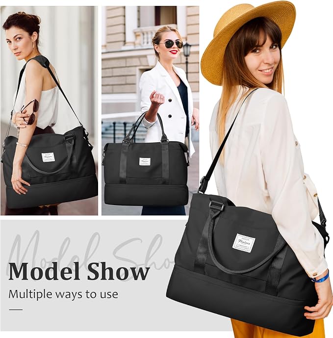 Weekender Bags for Women,Personal Item Travel Bag with Shoes Compartment | Overnight Travel Duffel Bag with Grid Travel Set,Carry-On Bag,3 Pcs Set,Large - Image 8