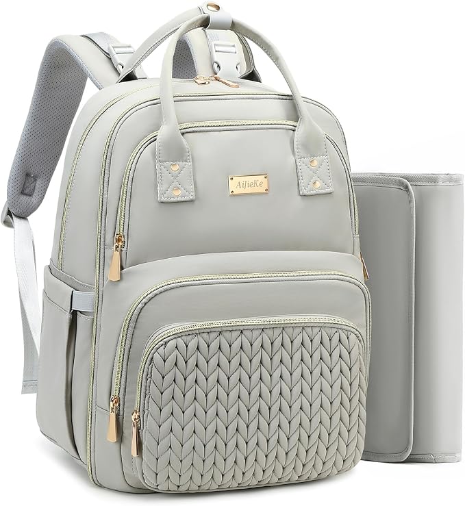 AIJIEKE Diaper Bag Backpack, Large Multi-functional Diaper Backpack, Gray | Waterproof lightweight baby backpack. With changing pad, stroller straps, insulated & wet/dry pockets. Mom & dad essential by AIJIEKEDirect