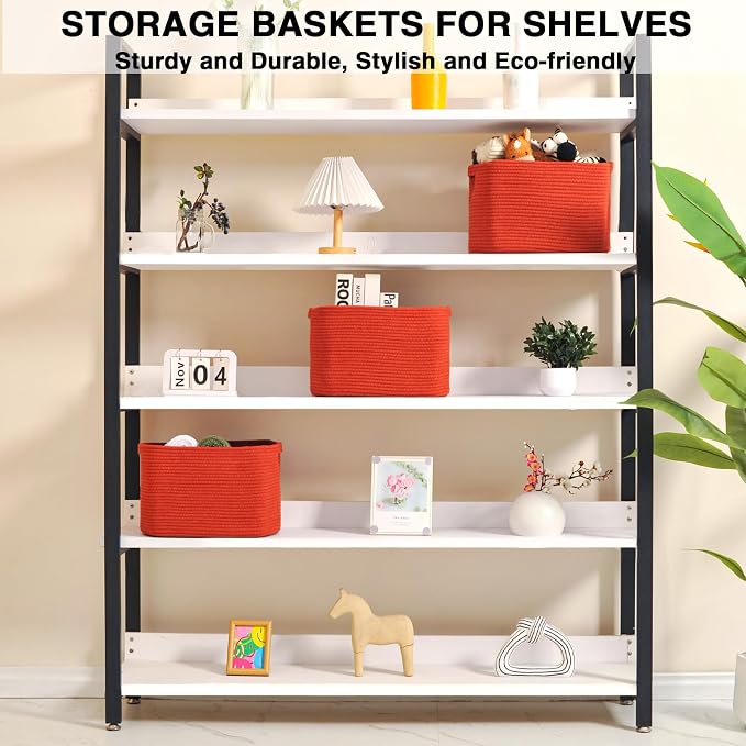Storage Baskets for Organizing Shelves, Woven Cotton Rope Basket for Storage, Dog Toy Baskets Storage Kids, Cute Shelf Basket for Living Room Bedroom, 14.8"×11"×9.5", Pack of 3, Brick Red - Image 3