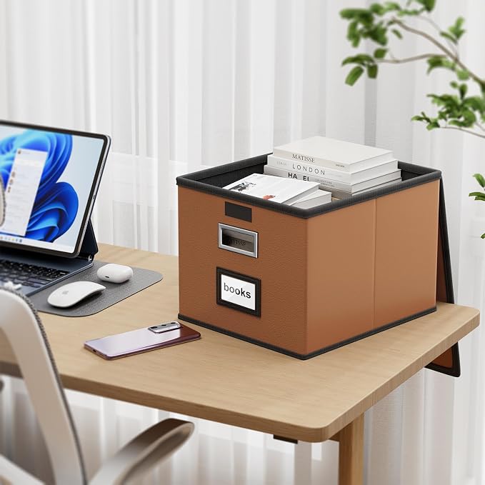 File Organizer Box with Lids, Collapsible File Folder Organizer | File Box with Plastic Slides for Document, Filing Bin for Letter Size Hanging File Folders (2 Pack, Caramel, Leather) - Image 2