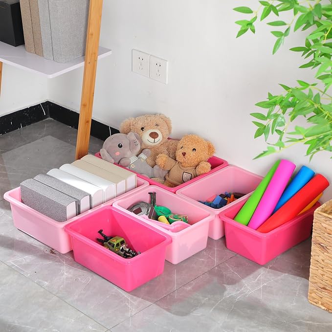 Zonon 12 Pcs Plastic Cubby Bins Office Storage Container Storage Bins Plastic Organization with 1 Pack Self Adhesive Label for Library Office Home Nursery(Pink/magenta) - Image 5