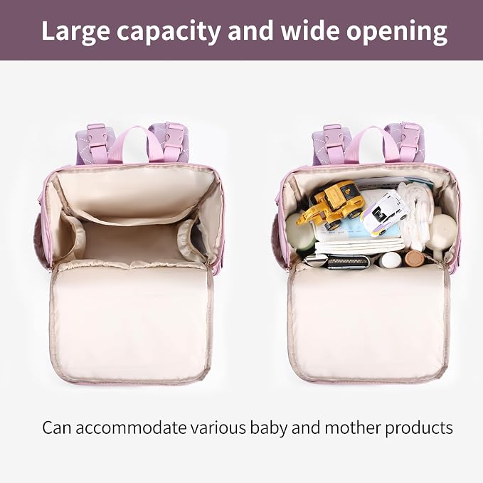 Stylish Baby Diaper Bag, Baby Bag with Changing Pad, Pacifier Case& Stroller Straps, Large Diaper Backpack Boy Girl, Water Resistant Travel Diaper Backpack（Lavender） - Image 4