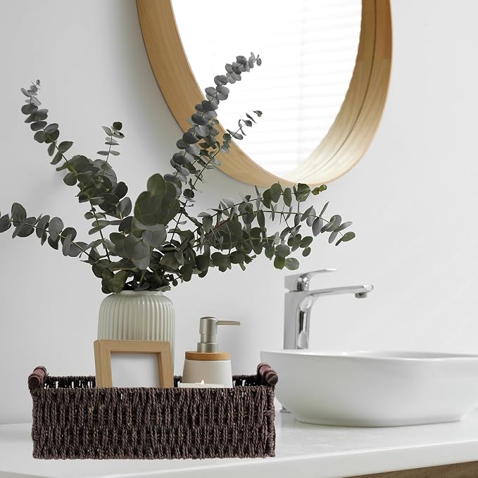 Boao 3 Pcs Boho Storage Wicker Baskets Handmade Woven Decorative Paper Rope Baskets for Organizing with Handle Countertop Toilet Paper Storage Container for Toilet Tank Top(Dark Brown,Rectangle) - Image 4