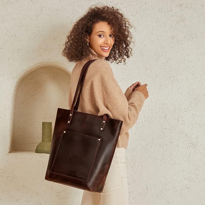 S-ZONE Leather Tote Bag for Women Work Handbag with Luggage Sleeve | Top Grain Genuine Leather, Padded Laptop Compartment, Multi Pockets, Large Retro Purse, Travel Everyday - Image 2