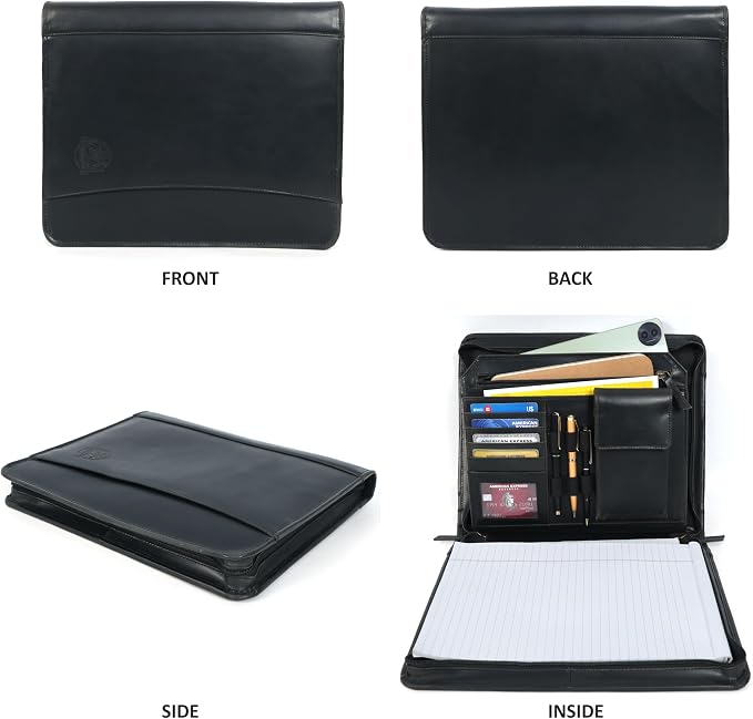 Leather Portfolio for Men, Portfolio Organizer with Zipper for Men Women, Leather Padfolios Business Resume Legal Pad Notebook Binder for A4/Pad (Black) - Image 4