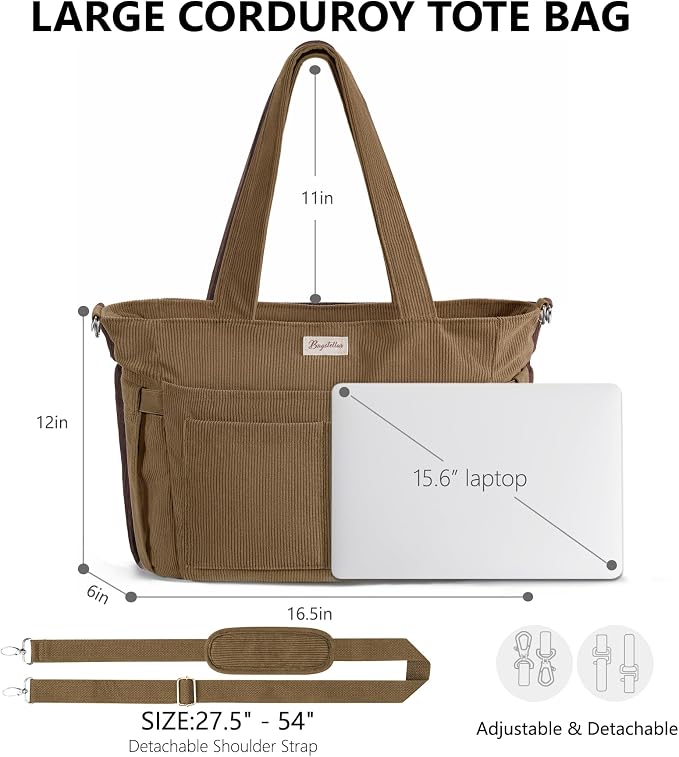 Bagstellar Corduroy Tote Bag for Women, 17 Pockets Laptop Work Tote Purse | Large 15.6” Computer Bag w/ 40oz Cup Holder & Strap, Zipper Teacher Nurse Bible Shoulder Bag for School Travel College Office - Image 2