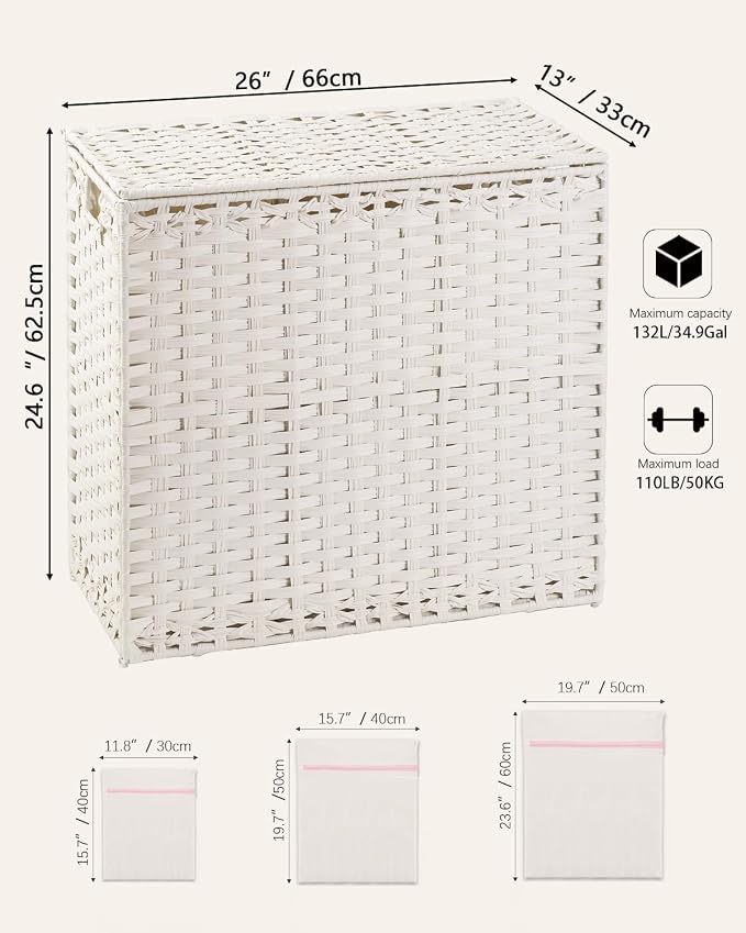 SETVSON Laundry Hamper with Lid Laundry Basket 132 L PE Rattan, White | Large Family Clothes Sorter Trunk with Lid, 3 Compartment Washable Liners, 6 Mesh Bags, Collapsible Steel Frame - Image 5