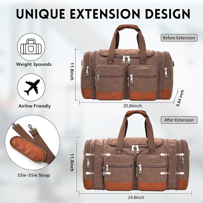 Canvas Duffle Bag For Travel, 50L Expandable Carry on Overnight Travel Duffel Bags with Laptop Compartments Weekend Gym Bag for Men(Coffee) - Image 5