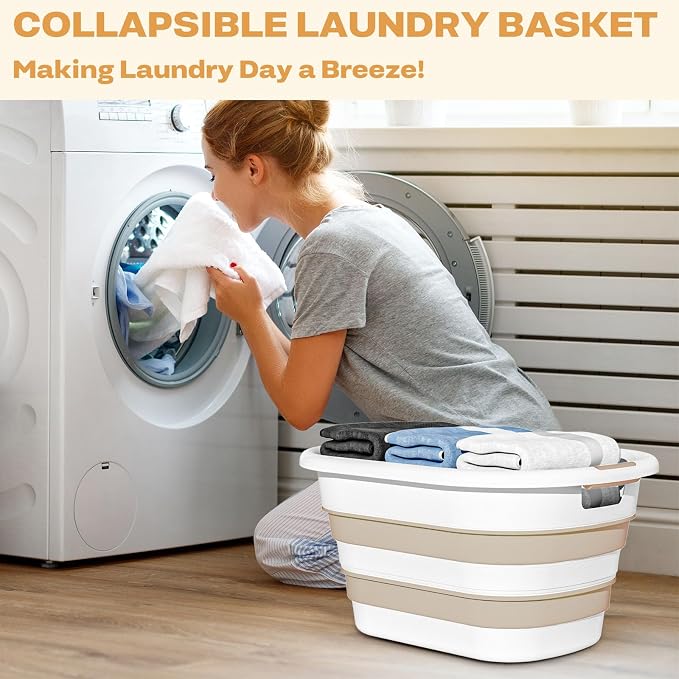 OOAMBB 43L(11.5Gallon) Collapsible Plastic Laundry Baskets (Beige, 2 Packs) | Pop Up Laundry hamper/Storage Container,Foldable Laundry Basket with Large Capacity,Sturdy,Space Saver - Image 3