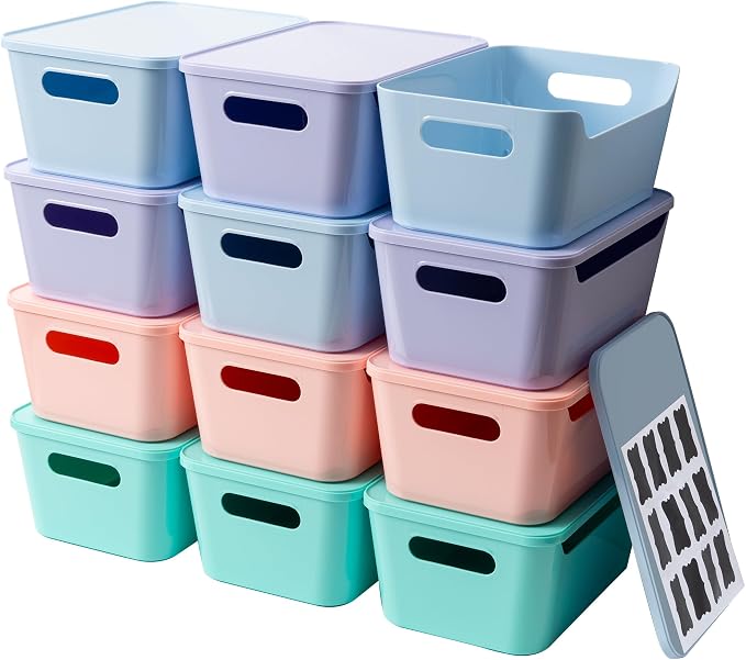 Tiawudi 12 Pack 4.5L Storage Bins with Lids, Plastic Storage Baskets for Home Classroom Organization, Multi-Use Organizer Bins for Cabinet, Pantry, Drawer, Countertop or Shelves, Colorful Containers by Tiawudi