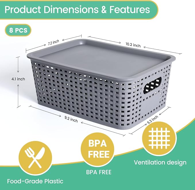 Ohmlove 8 Pack Plastic Storage Baskets with Lids for Organization | Stackable Storage bins, Storages Baskets for Organizing Shelves Drawers Desktop Closet Playroom Classroom Office, Gray - Image 2