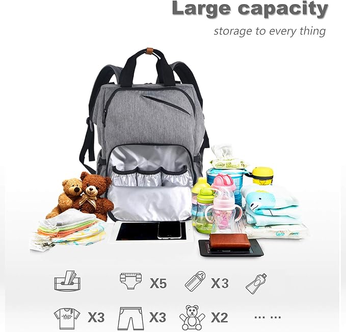 Hap Tim Diaper Bag Backpack,Large Capacity Travel Back Pack Maternity Baby Nappy Changing Bags, Double Compartments with Stroller Straps,Waterproof,Grey (US7340-G) - Image 2
