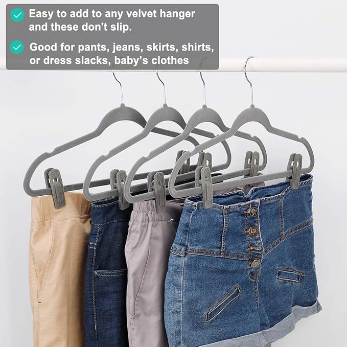 TOFIIGREM Grey Hanger Clips for Velvet Hangers - 40 PCS Gray Nonslip Velvet Hanger Clips, Skirt Hanger Flocking Clips Fit for Slim Velvet Hangers - Image 3
