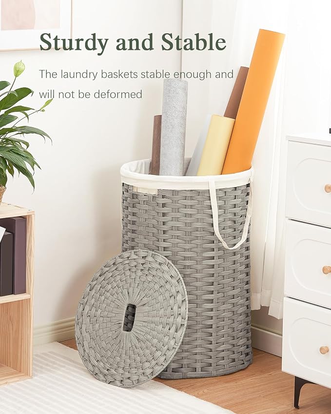 SETVSON Large Laundry Hamper Laundry Basket with Lid, Round PE Rattan, Gray | 130L Large Woven Basket with Lid, Removable Washable Liner Bag, 2 Mesh Laundry Bags, Foldable Long Side Handles - Image 6