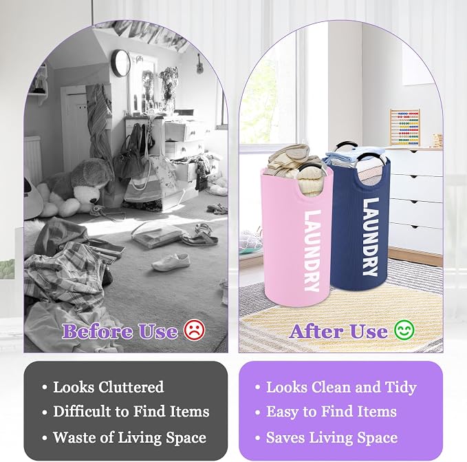 2Pcs Folding Laundry Basket for Adult, 95L Portable Laundry Baskets with Aluminum Handles, Multi-functional Dirty Clothes Hampers for Bedroom, Travel, Navy Blue + Pink - Image 5