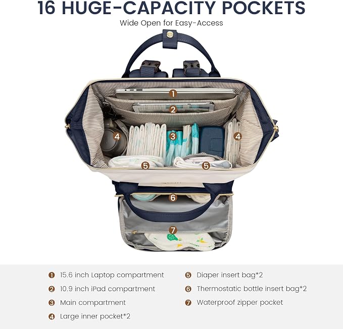 LOVEVOOK Diaper Bag Backpack, Baby Bag with Changing Station, Large Diaper Backpack for Mom Dads, Waterproof Leather Mommy Bag for Boy and Girl, Travel Essential Baby Shower, Navy Blue-Beige - Image 2