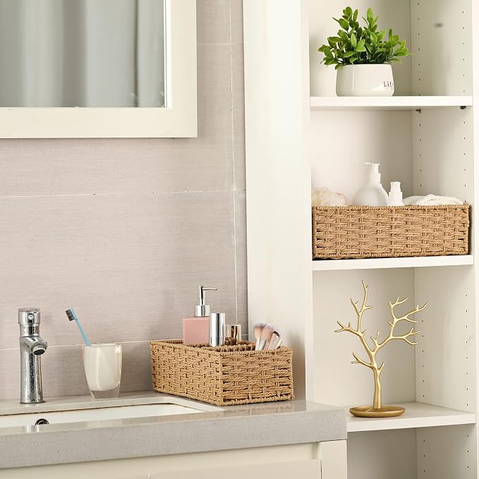3-Section Wicker Baskets for Shelves, Hand-Woven Round Paper Rope Wicker Storage Basket, Toilet Paper Basket for Toilet Tank Top, Baskets for Organizing, 2-Pack - Image 6