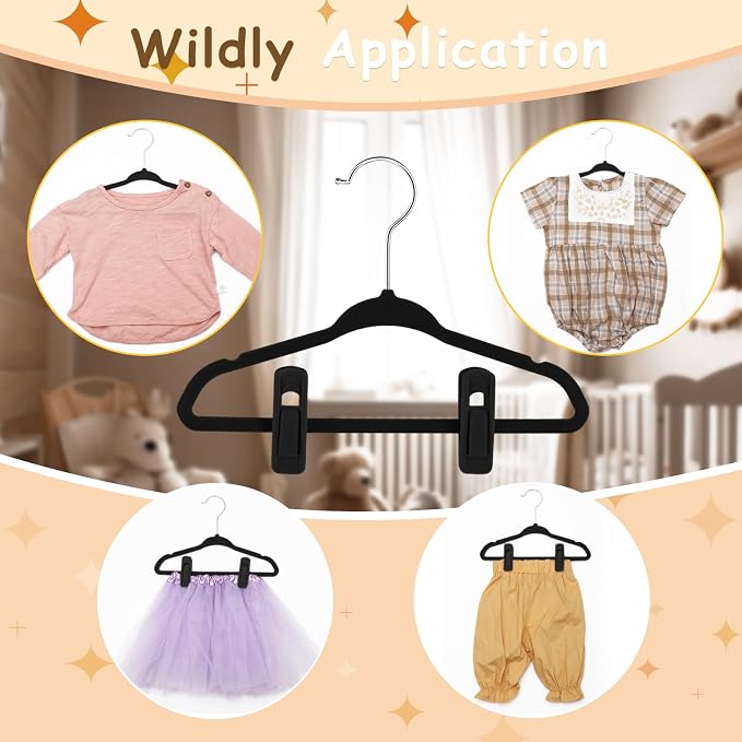 50 Pack Velvet Hangers for Baby & Kids, 11 Inch Non-Slip Infant Clothes Hangers with 100 Multi-use Adjustable Clips, Slim Space Saving Hanger for Nursery Closet, Toddler Skirts Pants Coat, Black - Image 4